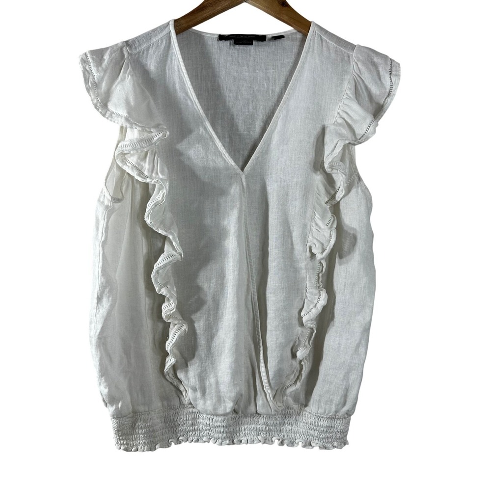 Marc New York Andrew Marc Womens White 100% Linen Ruffle V-Neck Smocked Blouse L